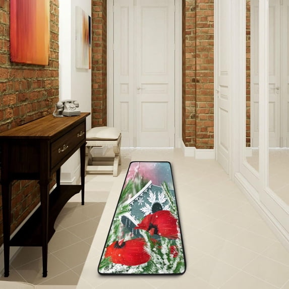SKYSONIC 2'X6' Watercolor Red Birds Runner Rug with Rubber Backing, Xmas Birdhouse Non Slip Entryway Rug Runner Washable Soft Area Rug Carpet for Hallway Bedroom Kitchen Decor