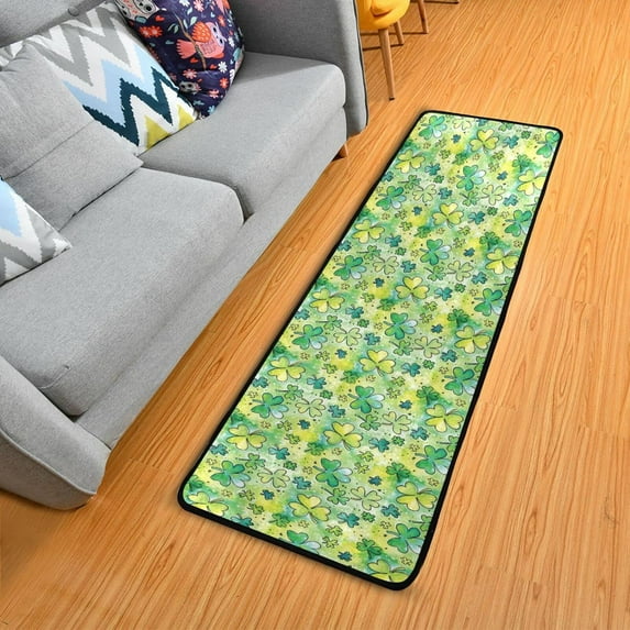 SKYSONIC 2'X6' Watercolor Vintage Clover Runner Rug with Rubber Backing, St Shamrock Non Slip Entryway Rug Runner Washable Soft Area Rug Carpet for Hallway Bedroom Kitchen Decor