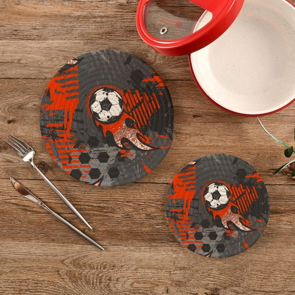 SKYSONIC 2 pcs Abstract Fire Football Pot Holders Trivets, Heat Resistant Trivets,Cartoon Vintage Soccer Cotton Thread Weave Mats for Hot Pads Pans Pot Bowl Teapot