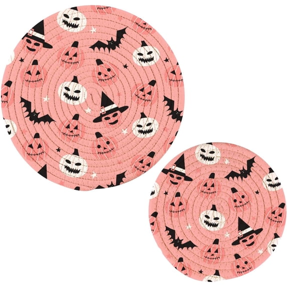 SKYSONIC 2 pcs Autumn Pumpkins Bats Pink Pot Holders Trivets, Heat Resistant Trivets,Halloween Jack-O'Lantern Cotton Thread Weave Mats for Hot Pads Pans Pot Bowl Teapot