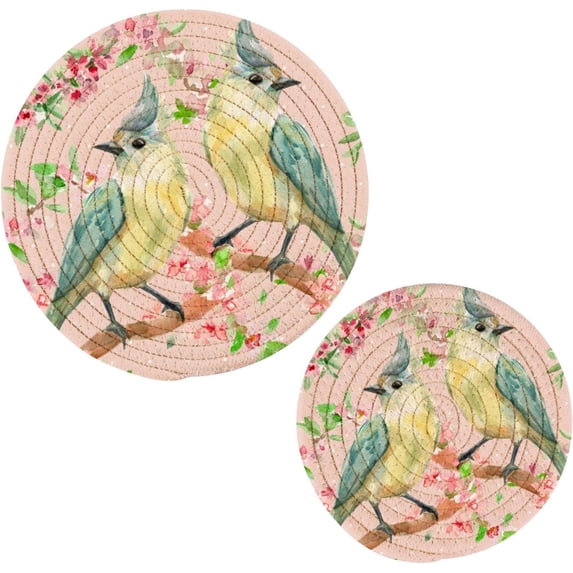 SKYSONIC 2 pcs Birds Flower Watercolor Pot Holders Trivets, Heat Resistant Trivets,Winter Floral Colorful Cotton Thread Weave Mats for Hot Pads Pans Pot Bowl Teapot