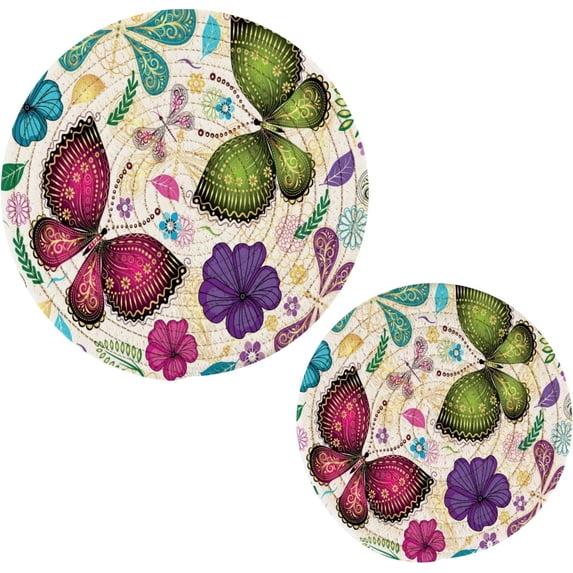 SKYSONIC 2 pcs Butterflies Dragonflies Paisley Flowers Pot Holders Trivets, Heat Resistant Trivets,Colorful Floral Cotton Thread Weave Mats for Hot Pads Pans Pot Bowl Teapot