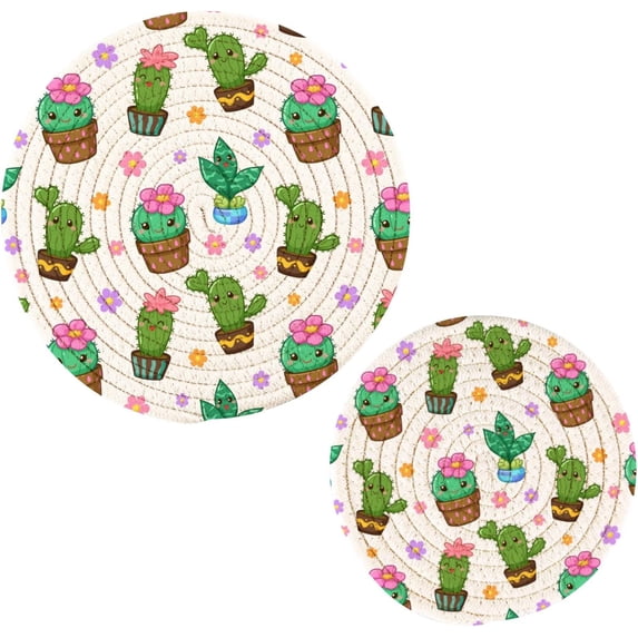 SKYSONIC 2 pcs Cactus Cartoon Doodle Pot Holders Trivets, Heat Resistant Trivets,Summer Floral Colorful Cotton Thread Weave Mats for Hot Pads Pans Pot Bowl Teapot