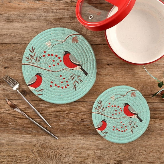 SKYSONIC 2 pcs Cartoon Bullfinch on Branch Pot Holders Trivets, Heat Resistant Trivets,Winter Christmas Cotton Thread Weave Mats for Hot Pads Pans Pot Bowl Teapot
