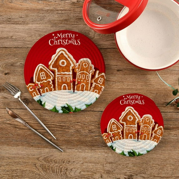 SKYSONIC 2 pcs Christmas Gingerbread House Pot Holders Trivets, Heat Resistant Trivets,Cartoon Winter Snow Cotton Thread Weave Mats for Hot Pads Pans Pot Bowl Teapot