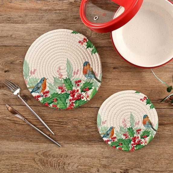 SKYSONIC 2 pcs Christmas Mistletoe Birds Pot Holders Trivets, Heat Resistant Trivets,Robins Watercolor Cotton Thread Weave Mats for Hot Pads Pans Pot Bowl Teapot
