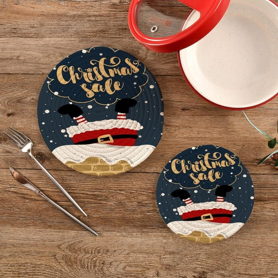SKYSONIC 2 pcs Christmas Santa Claus Funny Pot Holders Trivets, Heat Resistant Trivets,Winter Chimney Snow Cotton Thread Weave Mats for Hot Pads Pans Pot Bowl Teapot