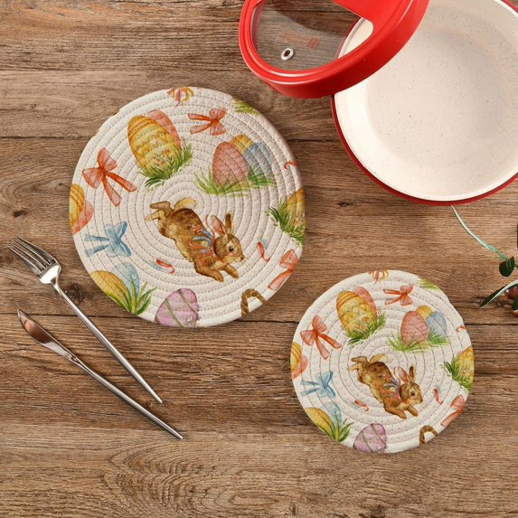 SKYSONIC 2 pcs Colorful Easter Rabbit Eggs Pot Holders Trivets, Heat Resistant Trivets,Spring Bunny Bow Cotton Thread Weave Mats for Hot Pads Pans Pot Bowl Teapot