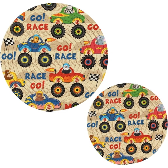 SKYSONIC 2 pcs Colorful Monster Trucks Pot Holders Trivets, Heat Resistant Trivets,Funny Animals Races Cotton Thread Weave Mats for Hot Pads Pans Pot Bowl Teapot