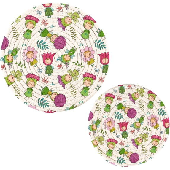 SKYSONIC 2 pcs Cute Cartoon Flower Fairies Pot Holders Trivets, Heat Resistant Trivets, Funny Floral Spring Cotton Thread Weave Mats for Hot Pads Pans Pot Bowl Teapot