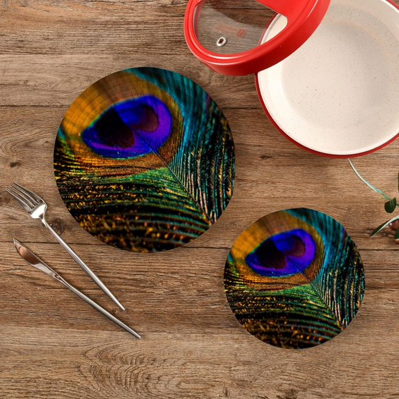 SKYSONIC 2 pcs Glitter Peacock Feather Pot Holders Trivets, Heat Resistant Trivets,Vintage Chinese Style Cotton Thread Weave Mats for Hot Pads Pans Pot Bowl Teapot