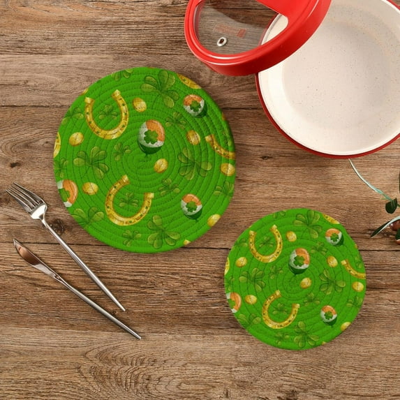 SKYSONIC 2 pcs Golden Horsesho Shamrock Pot Holders Trivets, Heat Resistant Trivets,St Patrick's Day Clover Cotton Thread Weave Mats for Hot Pads Pans Pot Bowl Teapot