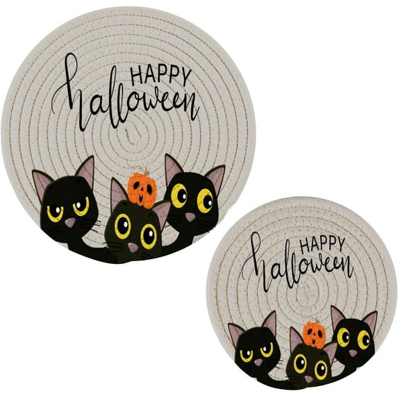 SKYSONIC 2 pcs Halloween Cat Ghost Pot Holders Trivets, Heat Resistant Trivets,Autumn Fall Pumpkin Spooky Cotton Thread Weave Mats for Hot Pads Pans Pot Bowl Teapot