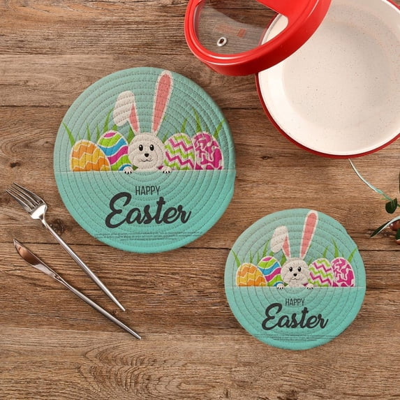 SKYSONIC 2 pcs Happy Easter White Bunny Trivet Round Hot Pads, Cute Rabbit Color Eggs Pot Holder Heat Resistant Trivets Cotton Thread Weave Mats Pot Teapot Table
