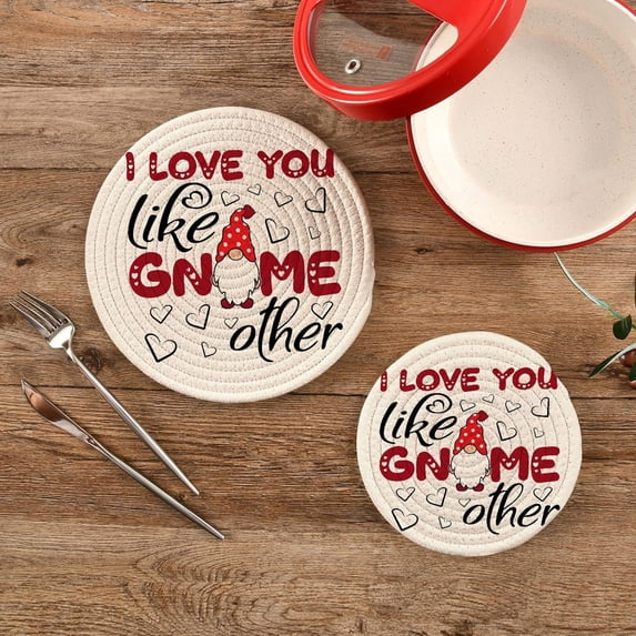 SKYSONIC 2 pcs I Love You Like Gnome Other Pot Holders Trivets, Heat Resistant Trivets,Uinque Valentine Elf Cotton Thread Weave Mats for Hot Pads Pans Pot Bowl Teapot