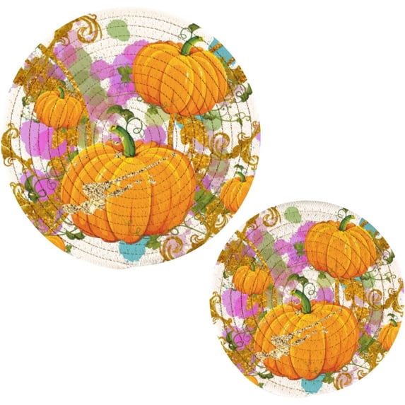 SKYSONIC 2 pcs Pumpkins Autumn Watercolor Pot Holders Trivets, Heat Resistant Trivets,Fall Harvest Colorful Cotton Thread Weave Mats for Hot Pads Pans Pot Bowl Teapot