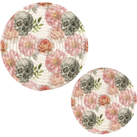 SKYSONIC 2 pcs Skull Flower Floral Summer Pot Holders Trivets, Heat Resistant Trivets,Vintage Summer Pink Cotton Thread Weave Mats for Hot Pads Pans Pot Bowl Teapot