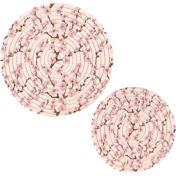 SKYSONIC 2 pcs Spring Blossom Flower Pot Holders Trivets, Heat Resistant Trivets, Japanese Floral Pink Cotton Thread Weave Mats for Hot Pads Pans Pot Bowl Teapot