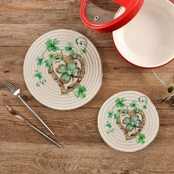 SKYSONIC 2 pcs St Patrick Day Horseshoe Pot Holders Trivets, Heat Resistant Trivets,Shamrock Watercolor Cotton Thread Weave Mats for Hot Pads Pans Pot Bowl Teapot