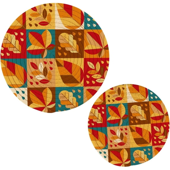 SKYSONIC 2 pcs Stylized Autumn Leaves Pot Holders Trivets, Heat Resistant Trivets,Fall Geometric Mosaic Cotton Thread Weave Mats for Hot Pads Pans Pot Bowl Teapot