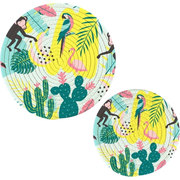 SKYSONIC 2 pcs Toucan Flamingo Parrot Pot Holders Trivets, Heat Resistant Trivets,Exotic Cactus Palm Leaves Cotton Thread Weave Mats for Hot Pads Pans Pot Bowl Teapot