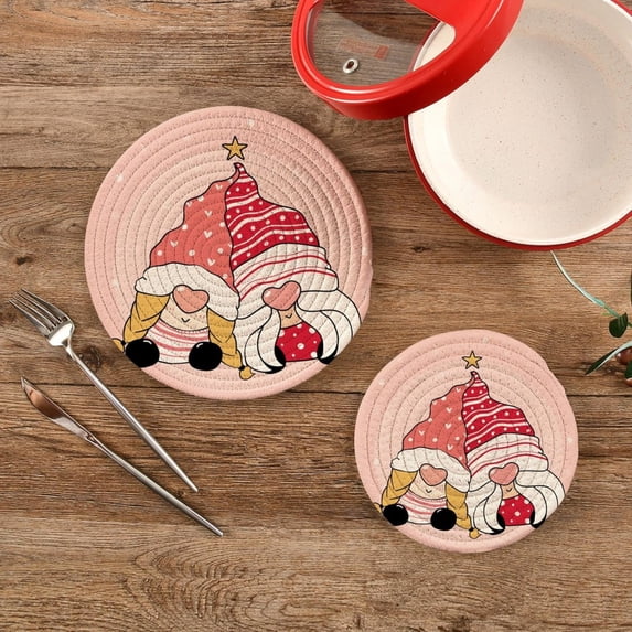 SKYSONIC 2 pcs Valentine Gnome Couple Pot Holders Trivets, Heat Resistant Trivets,Pink Lover Heart Nose Cotton Thread Weave Mats for Hot Pads Pans Pot Bowl Teapot