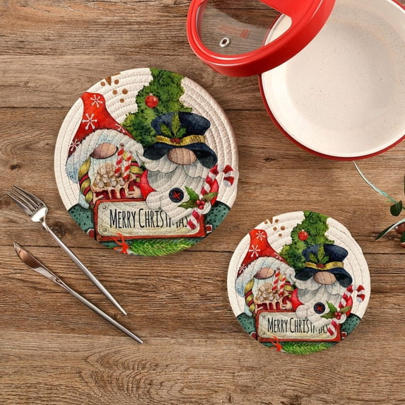 SKYSONIC 2 pcs Vintage Gnomes Christmas Tree Pot Holders Trivets, Heat Resistant Trivets,Red Truck Watercolor Cotton Thread Weave Mats for Hot Pads Pans Pot Bowl Teapot