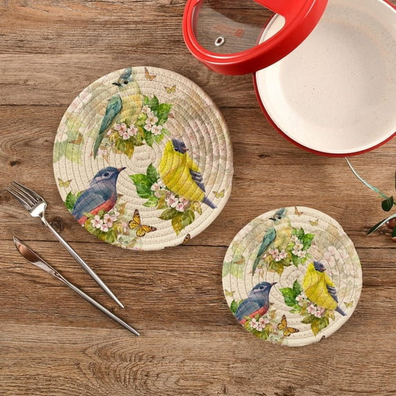 SKYSONIC 2 pcs Vintage Spring Bird Pot Holders Trivets, Heat Resistant Trivets,Retro Butterflies Flowers Cotton Thread Weave Mats for Hot Pads Pans Pot Bowl Teapot