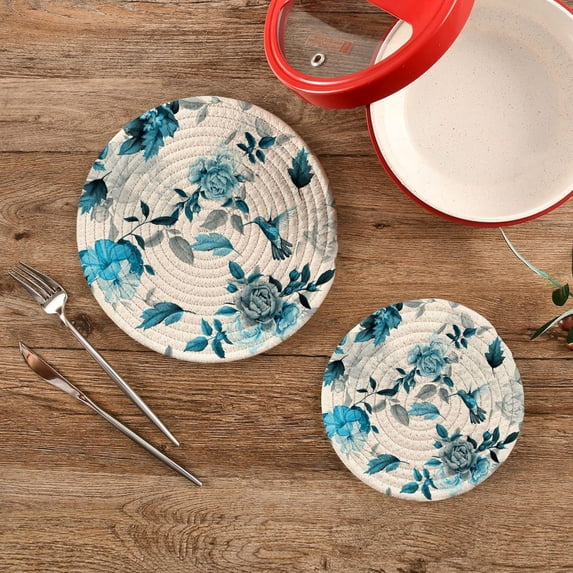 SKYSONIC 2 pcs Vintage Spring Hummingbird Pot Holders Trivets, Heat Resistant Trivets,Blue Roses Flowers Cotton Thread Weave Mats for Hot Pads Pans Pot Bowl Teapot