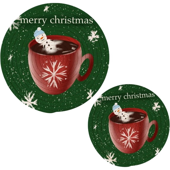 SKYSONIC 2 pcs Winter Snowman Cup Pot Holders Trivets, Heat Resistant Trivets,Abstract Christmas Snowflake Cotton Thread Weave Mats for Hot Pads Pans Pot Bowl Teapot