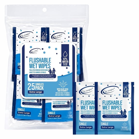 Air Jungles Flushable Wipes Individually Wrapped 25 Ct, On-the-Go Butt Wipe with Aloe Vera & Vitamin E, Travel Size Ultra Soft for Adult, 97% Water - XL 7 X 7 in, Fresh Scent
