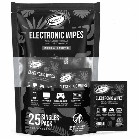 Air Jungles Electronic Wipes 25 Ct, Individually Wrapped, Ammonia Free Instantly Remove Fingerprints Oil Smudge for Gaming Gear, Headset, Computers, Keyboard, Phone, Laptop, Monitor