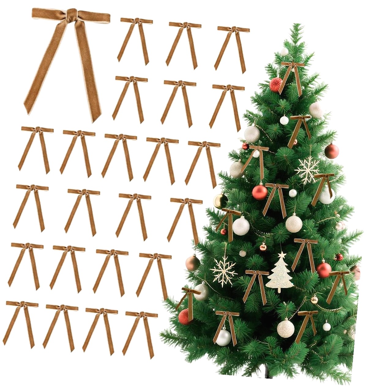 SKYSONIC 24 Pcs Khaki Velvet Christmas Tree Bows 2/5" 2.55x3.54 Inch ...