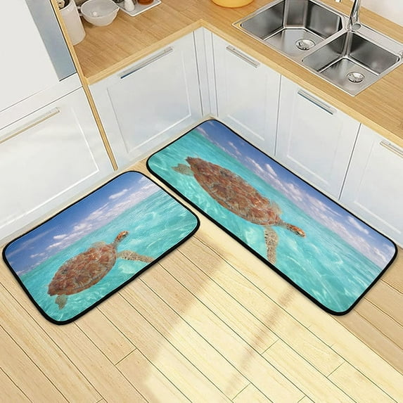 SKYSONIC 2PCS Green Sea Turtle Kitchen Rug and Mat Summer Vacation Floor Runner Rug Anti Fatigue Non Slip Comfort Mat for Doormat Laundry Room Hallway 19.7"x27.6"+19.7"x47.2"