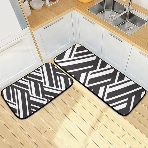 SKYSONIC 2PCS Oblique White and Black Lines Kitchen Rug and Mat Chic Floor Runner Rug Anti Fatigue Non Slip Comfort Mat for Doormat Laundry Room Hallway 19.7"x27.6"+19.7"x47.2"