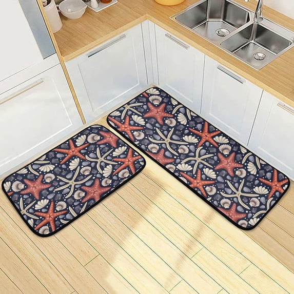 SKYSONIC 2PCS Red Starfishes Summer Kitchen Rug and Mat Shells Coral Watercolor Floor Runner Rug Anti Fatigue Non Slip Comfort Mat for Doormat Laundry Room Hallway 19.7"x27.6"+19.7"x47.2"