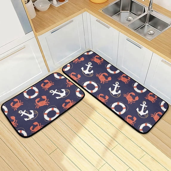 SKYSONIC 2PCS Summer Marine Theme Kitchen Rug and Mat Anchor Crab Lifebuoys Floor Runner Rug Anti Fatigue Non Slip Comfort Mat for Doormat Laundry Room Hallway 19.7"x27.6"+19.7"x47.2"