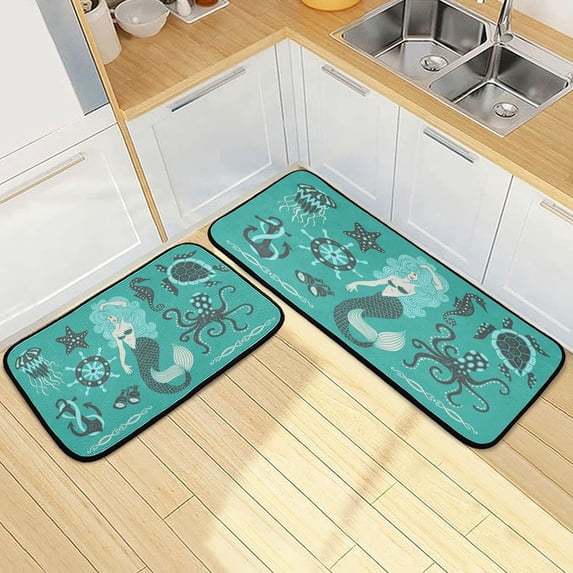 SKYSONIC 2PCS Vintage Mermaid Kitchen Rug and Mat Turtle Octopus Starfish Floor Runner Rug Anti Fatigue Non Slip Comfort Mat for Doormat Laundry Room Hallway 19.7"x27.6"+19.7"x47.2"