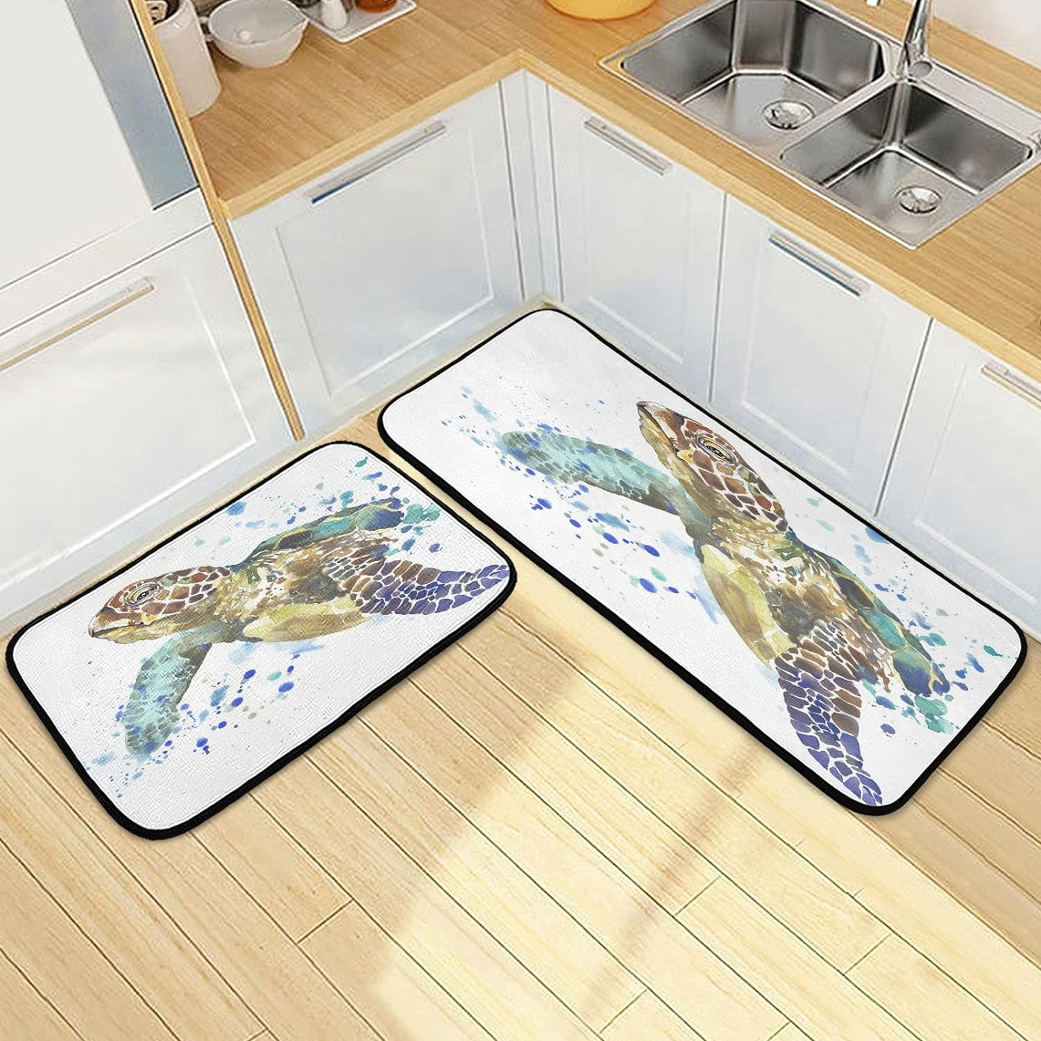 Turtle Rug Runner SKYSONIC 2PCS Watercolor Sea Turtle Kitchen Rug and Mat Cute Turtle ...