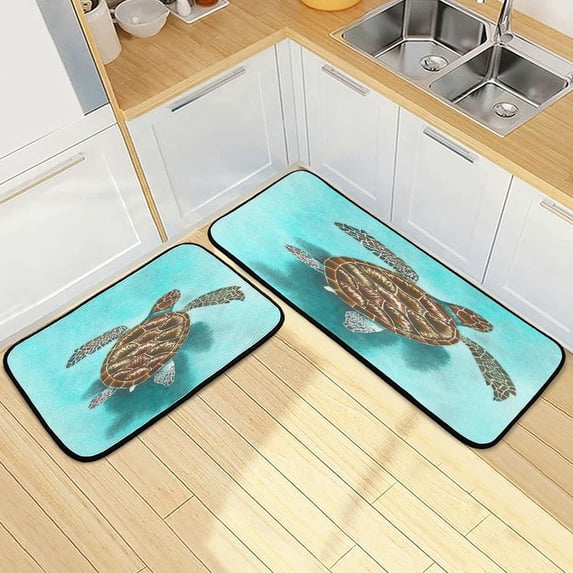 SKYSONIC 2PCS Watercolor Sea Turtle Kitchen Rug and Mat Ocean Floor Runner Rug Anti Fatigue Non Slip Comfort Mat for Doormat Laundry Room Hallway 19.7"x27.6"+19.7"x47.2"