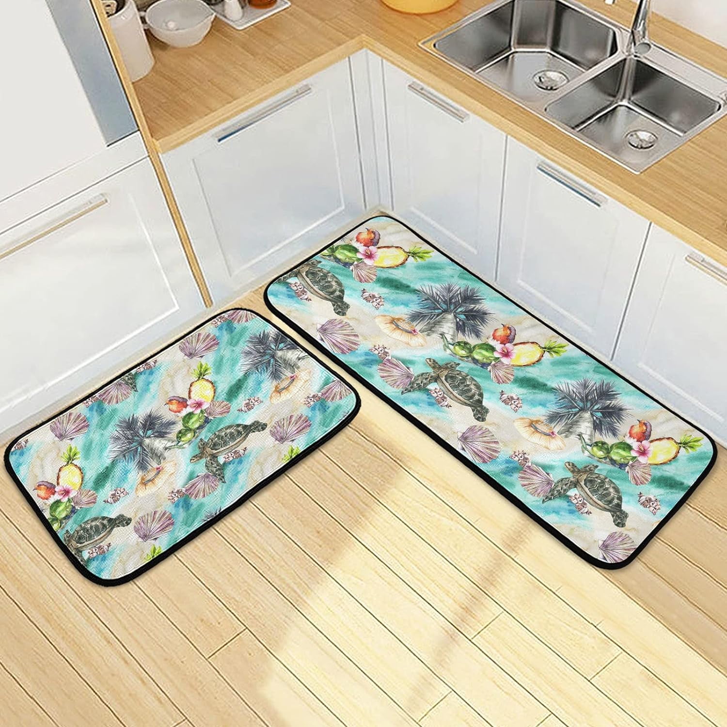 SKYSONIC 2PCS Watercolor Tropical Sea Theme Kitchen Rug and Mat Turtle