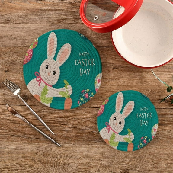 SKYSONIC 2Pcs Easter Bunny Carrot Pot Holders Trivets, Color Egg Cotton Thread Weave Trivet Heat Resistant Mats Pot Teapot Protection Table Decorative