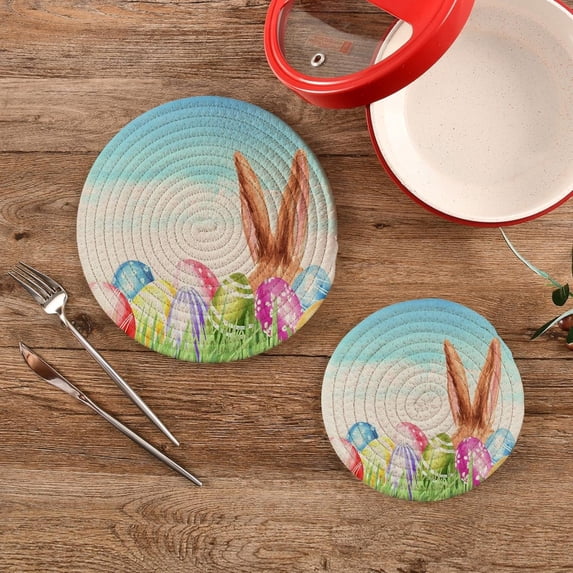 SKYSONIC 2Pcs Easter Grass Lawn Eggs Pot Holders Trivets, Bunny Ear Cotton Thread Weave Trivet Heat Resistant Mats Pot Teapot Protection Table Decorative