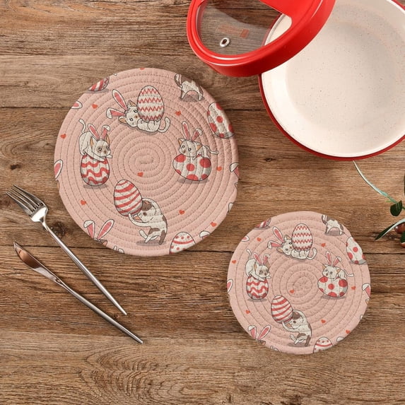 SKYSONIC 2Pcs Funny Bunny Cat Pot Holders Trivets, Easter Cartoon Cotton Thread Weave Trivet Heat Resistant Mats Pot Teapot Protection Table Decorative
