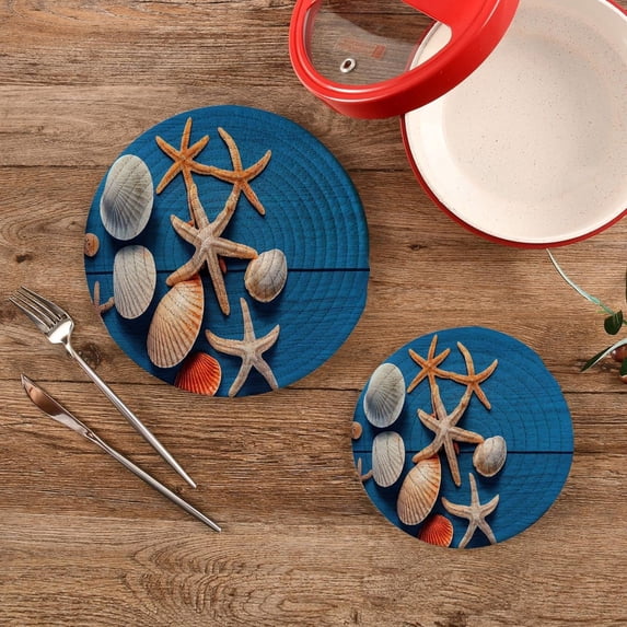 SKYSONIC 2Pcs Sea Shell Starfish Pot Holders Trivets, Rustic Wood Cotton Thread Weave Trivet Heat Resistant Mats Pot Teapot Protection Table Decorative