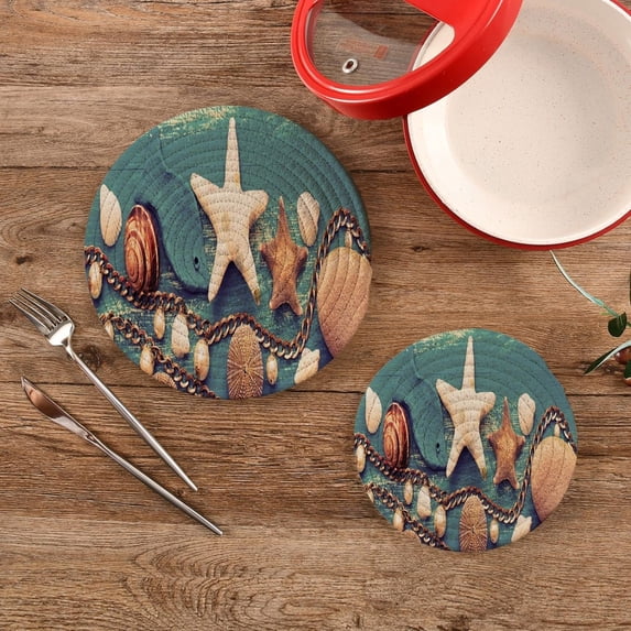 SKYSONIC 2Pcs Summer Sea Shells Stones Pot Holders Trivets, Retro Wooden Cotton Thread Weave Trivet Heat Resistant Mats Pot Teapot Protection Table Decorative