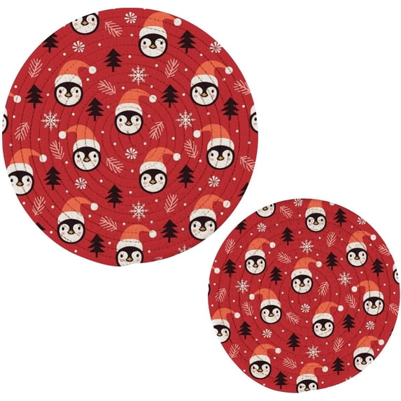 SKYSONIC 2Pcs Trivet Pot Holder, Christmas Penguins Fir Trees Round Woven Potholders Set Cotton Braided Hot Pads Coasters Table Mats for Cooking and Baking