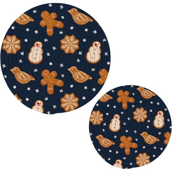 SKYSONIC 2Pcs Trivet Pot Holder, Gingerbread Christmas Cookies Round Woven Potholders Set Cotton Braided Hot Pads Coasters Table Mats for Cooking and Baking