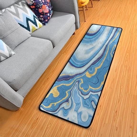 SKYSONIC 2X6 Feet 3D Blue Marble Runner Rug with Rubber Backing, Gold Fluid Non Slip Entryway Rug Runner Washable Soft Area Rug Carpet for Hallway Bedroom Kitchen Decor