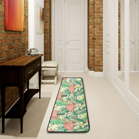 SKYSONIC 2X6 Feet Abstract Flamingo Pattern Runner Rug with Rubber Backing, Palm Trees Non Slip Entryway Rug Runner Washable Soft Area Rug Carpet for Hallway Bedroom Kitchen Decor